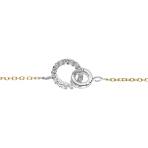 BRACELET CHAINE DORÉ JAUNE ET 2 CERCLES ENTRELACÉS ARGENT RHODIÉ AVEC OXYDE BLANC 16+3CM