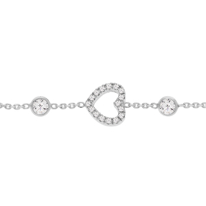 BRACELET ARGENT RHODIÉ COEUR OXYDES BLANCS SERTIS ET 6 OXYDES EN CHUTE BLANCS SERTIS 16+3CM