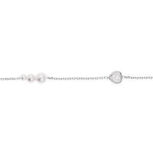 BRACELET ARGENT RHODIÉ PERLES BLANCHES IMITATION ET COEUR OXYDES BLANCS SERTIS 16+3CM