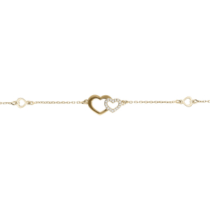 BRACELET ARGENT DORÉ JAUNE COEURS LISSES ET OXYDES BLANCS 16+3CM