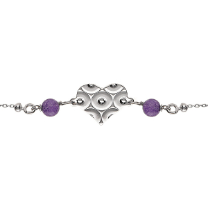 BRACELET ARGENT RHODIÉ CHAINE BOULE COEUR MARTELÉ AVEC 2 BOULES JADE VIOLETTE VÉRITABLE 16+3CM