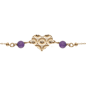 BRACELET ARGENT DORÉ CHAINE BOULE COEUR MARTELÉ AVEC 2 BOULES JADE VIOLETTE VÉRITABLE  16+3CM