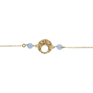 BRACELET ARGENT DORÉ PASTILLE MARTELÉ AVEC 2 BOULES JADE BLEU CIEL 16+3CM