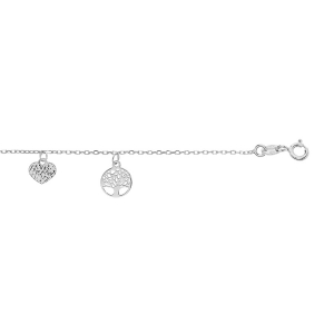 BRACELET ARGENT RHODIÉ PAMPILLES COEUR ET ARBRE DE VIE 16+3CM
