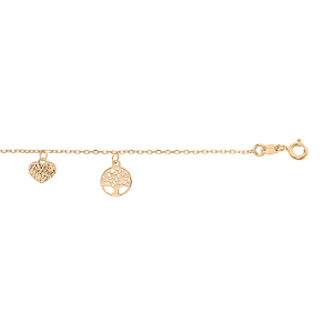 BRACELET ARGENT ET DORURE JAUNE PAMPILLES COEUR ET ARBRE DE VIE 16+3CM
