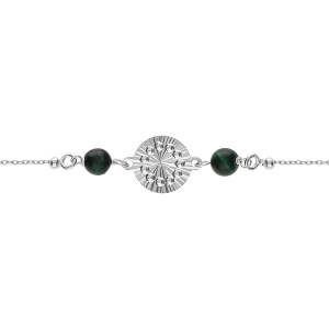 BRACELET ARGENT RHODIÉ CHAINE BOULES CERCLE DIAMANTÉ AVEC 2 BOULES MALACHITE  VÉRITABLE 16+3CM