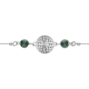 BRACELET ARGENT RHODIÉ CHAINE BOULES CERCLE DIAMANTÉ AVEC 2 BOULES MALACHITE  VÉRITABLE 16+3CM