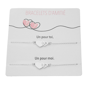 PLAQUETTE DE 2 BRACELETS D'AMITIÉ ARGENT RHODIÉ DOUBLE COEURS A GRAVER  15+3CM