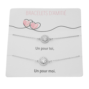 PLAQUETTE DE 2 BRACELETS D' AMITIÉ ARGENT RHODIÉ DOUBLE ARBRE DE VIE OXYDES BLANCS ZERTIS  15+3CM