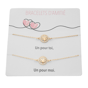 PLAQUETTE DE 2 BRACELETS D' AMITIÉ ARGENT ET DORÉ JAUNE DOUBLE ARBRE DE VIE OXYDES BLANCS ZERTIS  15+3CM