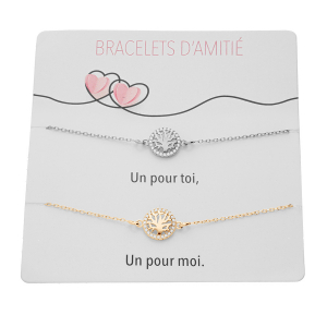 PLAQUETTE DE 2 BRACELETS D' AMITIÉ ARGENT RHODIÉ  ET ARGENT DORÉ JAUNE DOUBLE ARBRE DE VIE OXYDES BLANCS ZERTIS  15+3CM