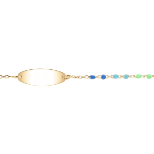 IDENTITÉ BEBE RÉSINE PLAQUE OVALE MULTICOLORE DEGRADÉ BLEU VERT ARGENT ET DORURE JAUNE  13+2CM