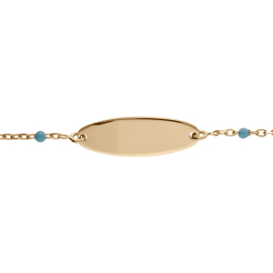 IDENTITÉ BEBE RÉSINE BLEU TURQUOISE PLAQUE OVALE ARGENT ET DORURE JAUNE  13+2CM