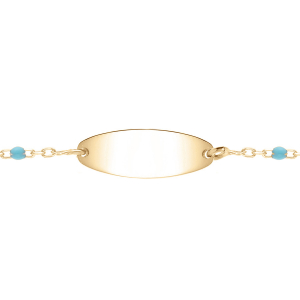 IDENTITÉ BEBE RÉSINE BLEU TURQUOISE PLAQUE OVALE ARGENT ET DORURE JAUNE  13+2CM