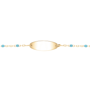 IDENTITÉ BEBE RÉSINE BLEU TURQUOISE PLAQUE OVALE ARGENT ET DORURE JAUNE  13+2CM