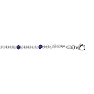 BRACELET ARGENT RHODIÉ PERLES 3MM  BLANCHE IMITATION ET VERRE BLEU 16+3CM