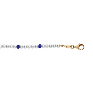 BRACELET ARGENT ET DORURE JAUNE PERLES 3MM  BLANCHE IMITATION ET VERRE BLEU 16+3CM