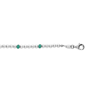 BRACELET ARGENT RHODIÉ PERLES 3MM  BLANCHE IMITATION ET VERRE VERT  16+3CM