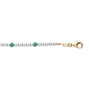 BRACELET ARGENT ET DORURE JAUNE PERLES 3MM  BLANCHE IMITATION ET VERRE VERT  16+3CM