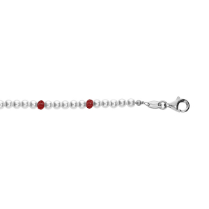 BRACELET ARGENT RHODIÉ PERLES 3MM  BLANCHE IMITATION ET VERRE ROUGE 16+3CM