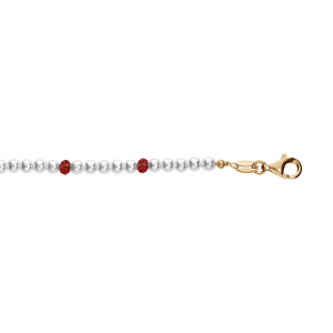 BRACELET ARGENT ET DORURE JAUNE PERLES 3MM  BLANCHE IMITATION ET VERRE ROUGE  16+3CM