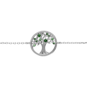 BRACELET ARGENT RHODIÉ ARBRE DE VIE CONTOUR PERLÉ AVEC OXYDES VERTS  16+2CM