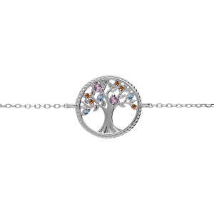 BRACELET ARGENT RHODIÉ ARBRE DE VIE CONTOUR PERLÉ AVEC OXYDES MULTI COULEURS 16+2CM