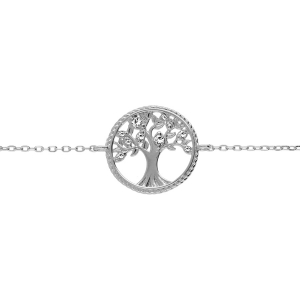 BRACELET ARGENT RHODIÉ CONTOUR PERLÉ ARBRE DE VIE AVEC OXYDES BLANCS 16+2CM