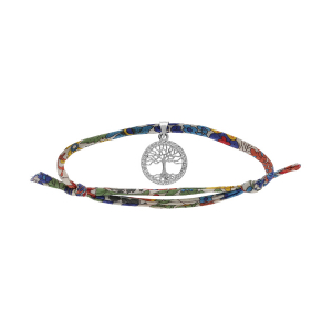 BRACELET LIBERTY TISSU FLEURI 1 PAMPILLE ARBRE DE VIE OXYDES BLANCS SERTIS ARGENT RHODIÉ RÉGLABLE