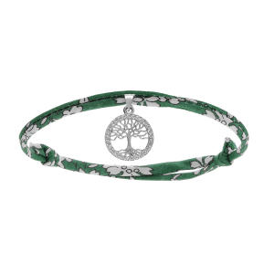 BRACELET LIBERTY TISSU FLEURI VERT 1 PAMPILLE ARBRE DE VIE OXYDES BLANCS SERTIS ARGENT RHODIÉ RÉGLABLE