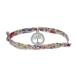 BRACELET LIBERTY TISSU FLEURI ROSE 1 PAMPILLE ARBRE DE VIE OXYDES BLANCS SERTIS ARGENT RHODIÉ RÉGLABLE