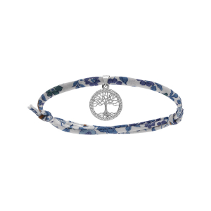 BRACELET LIBERTY TISSU FLEURI BLEU 1 PAMPILLE ARBRE DE VIE OXYDES BLANCS SERTIS ARGENT RHODIÉ RÉGLABLE