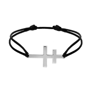 BRACELET CORDON COULISSANT NOIR CROIX DE LORRAINE ARGENT RHODIE