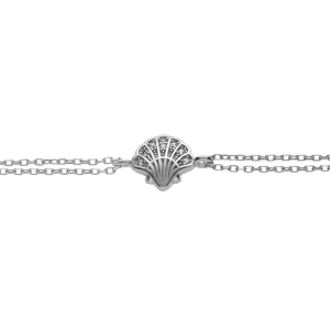 BRACELET ARGENT RHODIÉ DOUBLE CHAINE COQUILLE ST JACQUES DE COMPOSTELLES OXYDES BLANCS SERTIS 14+4CM