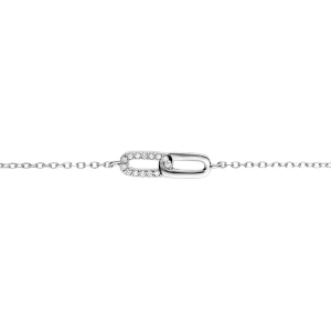 BRACELET ARGENT RHODIÉ 2 RECTANGLES ENTRELACÉS 1 LISSE 1 AVEC OXYDES BLANCS SERTIS 16+2CM