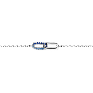 BRACELET ARGENT RHODIÉ 2 RECTANGLES ENTRELACÉS 1 LISSE 1 AVEC OXYDES BLEUS SERTIS 16+2CM