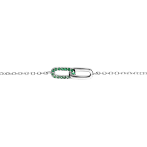 BRACELET ARGENT RHODIÉ 2 RECTANGLES ENTRELACÉS 1 LISSE 1 AVEC OXYDES VERTS SERTIS 16+2CM