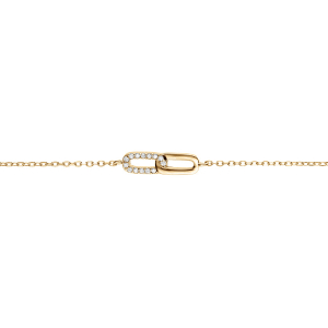 BRACELET ARGENT DORÉ 2 RECTANGLES ENTRELACÉS 1 LISSE 1 AVEC OXYDES BLANCS SERTIS 16+2CM