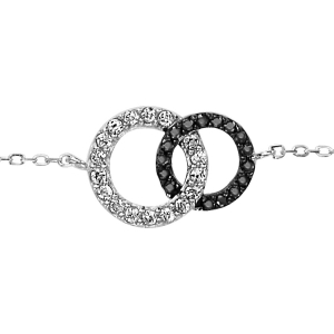 BRACELET ARGENT RHODIÉ 2 CERCLES ENTREMELES PIERRES BLANCHES ET NOIRES SYNTHETIQUE 16+1+1CM