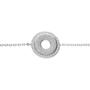 BRACELET ARGENT RHODIÉ DISQUE MOTIF SOLEIL ÉVIDÉ ENTOURAGE OXYDES BLANCS 16+2CM