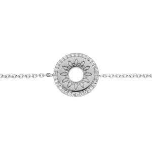 BRACELET ARGENT RHODIÉ DISQUE MOTIF SOLEIL ÉVIDÉ ENTOURAGE OXYDES BLANCS 16+2CM