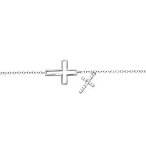 BRACELET ARGENT RHODIÉ DOUBLE CROIX LISSE  AVEC PAVAGE OXYDES BLANCS 16+2CM
