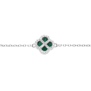 BRACELET ARGENT RHODIÉ MOTIF TREFLE MALACHITE VÉRITABLE CONTOUR OXYDES BLANCS 16+3CM