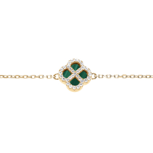 BRACELET ARGENT DORÉ MOTIF TREFLE MALACHITE VÉRITABLE CONTOUR OXYDES BLANCS 16+3CM