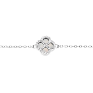 BRACELET ARGENT RHODIÉ TREFLE NACRE BLANCHE VÉRITABLE CONTOUR OXYDES BLANCS 16+3CM
