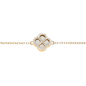 BRACELET ARGENT DORÉ MOTIF TREFLE NACRE VÉRITABLE CONTOUR OXYDES BLANCS 16+3CM