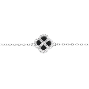 BRACELET ARGENT RHODIÉ TREFLE AGATE NOIR CONTOUR OXYDES BLANCS 16+3CM