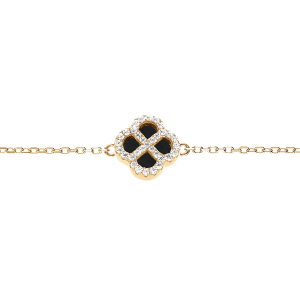 BRACELET ARGENT DORÉ TREFLE AGATE NOIR CONTOUR OXYDES BLANCS 16+3CM