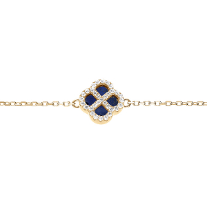 BRACELET ARGENT DORÉ TREFLE VERRE BLEU FONCÉ CONTOUR OXYDES BLANCS 16+3CM