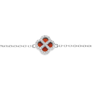 BRACELET ARGENT RHODIÉ TREFLE AGATE ROUGE CONTOUR OXYDES BLANCS 16+3CM